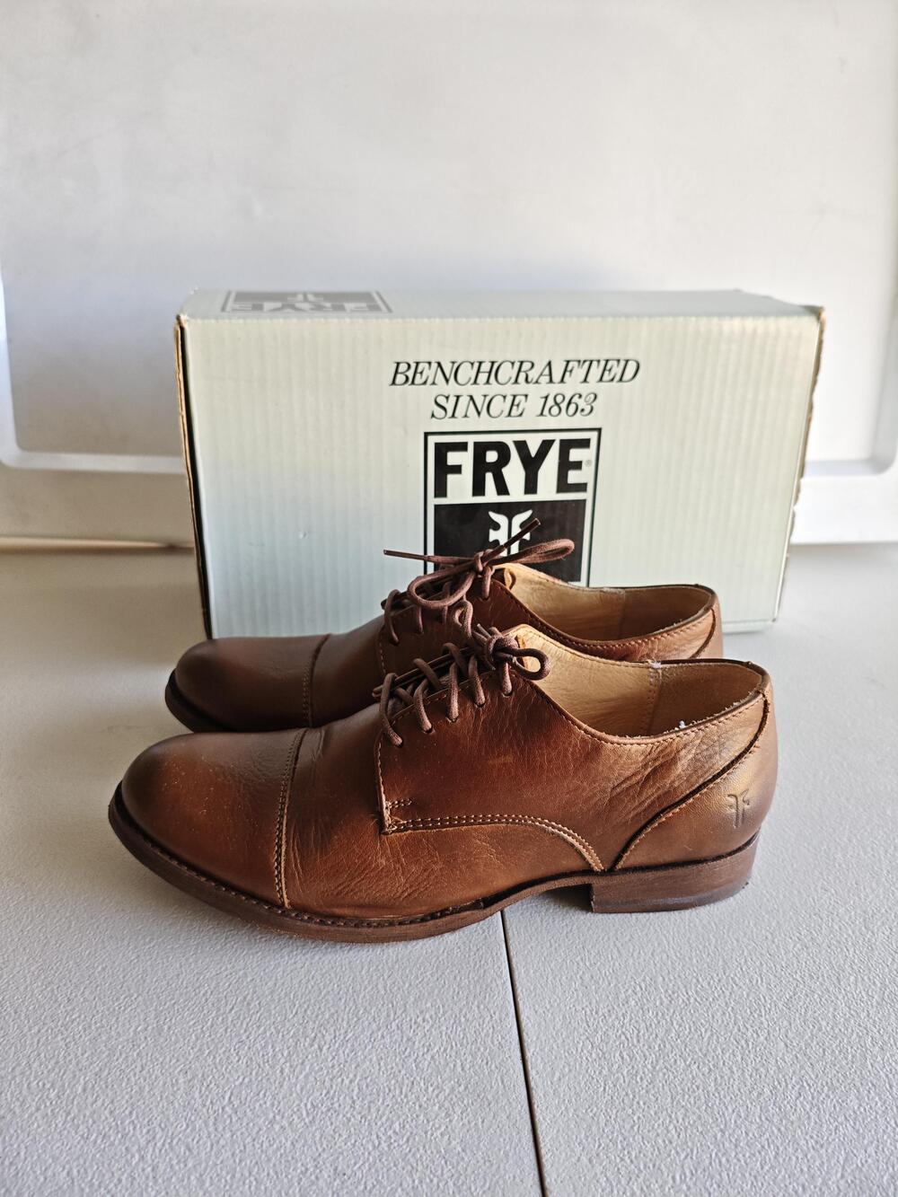 Frye Erin Oxford Shoes Womens Size 7 Brown Leather Lace Up Cap Toe Flats Cognac